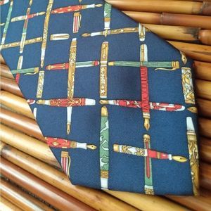EUC VINTAGE ALYNN Blue with Crisscross Ink Pens "Penmanship" 100% Silk Tie